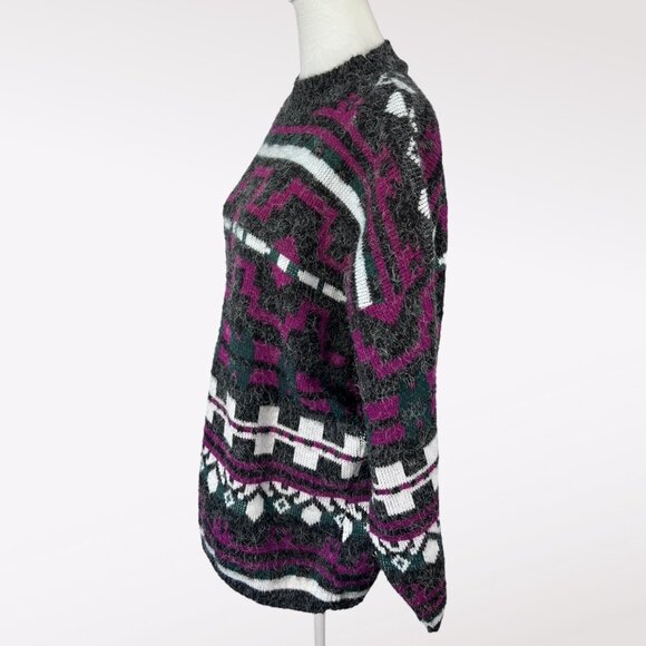 Vintage Fuzzy Geometric Sweater USA Made 90s Gray Purple Acrylic Knit Medium - Picture 4 of 10